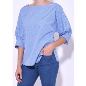 Tibi blue white gingham boat neck blouse top sz Large L